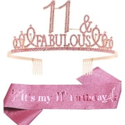 11th Birthday Sash and Tiara for Girls - Fabulous Glitter Sash + Fabulous Rhinestone Pink Premium Metal Tiara for Girls, 11th Birthday Gifts for Princess Party